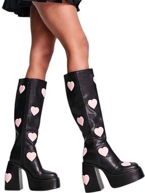 ASOS Design | Cobra Chunky Platform Knee High Boots in Black/Pink Heart Print